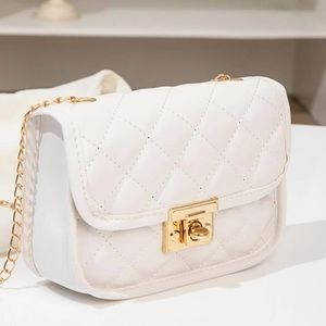 Quilted vegan leather gold chain flap lock crossbody bag white